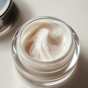 Close-up of luxury white cosmetic cream in clear acrylic jar with silver lid 3 