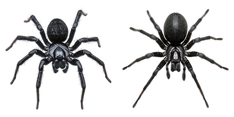 Two black spiders isolated on a background, showing detail of their unique features and structure
