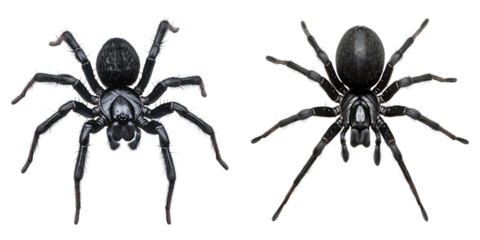 Two black spiders isolated on a background, showing detail of their unique features and structure
