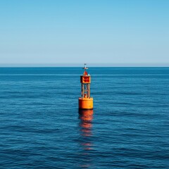 A vibrant maritime buoy floats steadfastly on the vast, deep blue ocean, marking a safe passage point under clear skies ,buoy ,solitude ,guiding