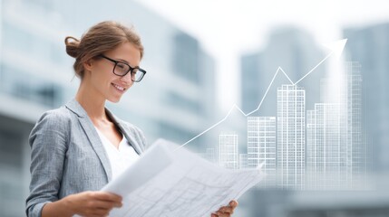 A confident businesswoman analyzes financial data and architectural plans with a rising graph symbolizing growth, success, and positive market performance