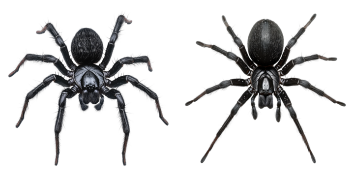 Two black spiders isolated on a background, showing detail of their unique features and structure