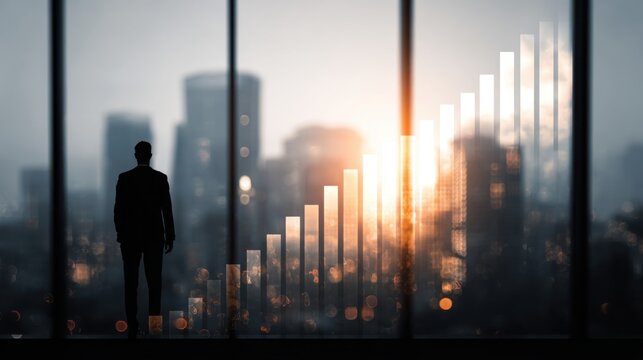 A businessman stands before a city skyline at sunrise. Glowing upward financial bar chart overlay. Growth, success, progress, investment performance, and strategic achievement concept