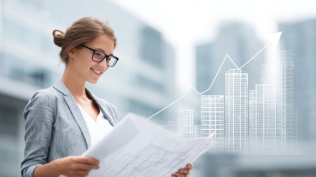 A confident businesswoman analyzes financial data and architectural plans with a rising graph symbolizing growth, success, and positive market performance