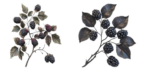 Two elegant blackberry branches featuring ripe, juicy berries and intricate leaves