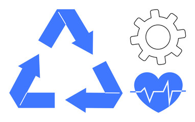 Blue recycling triangle with three arrows, mechanical gear, and heart with heartbeat line. Ideal for environment, sustainability, health, industry, recycling process, eco-life renewable energy