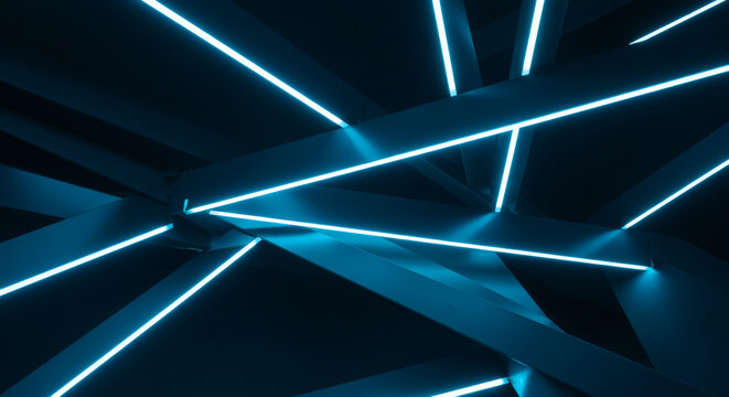 Futuristic abstract geometric structure illuminated by vibrant cyan neon lights, creating a dynamic, modern, and high-tech visual.