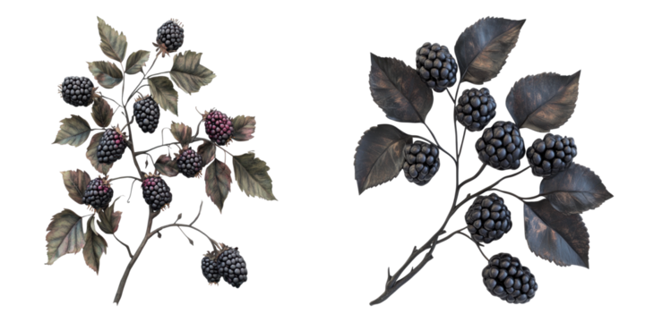 Two elegant blackberry branches featuring ripe, juicy berries and intricate leaves