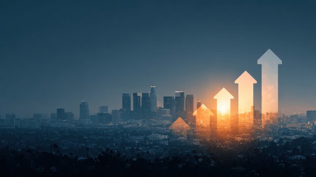 City skyline at sunrise is overlaid with upward-pointing arrows. financial growth, investment success, and economic progress Concept
