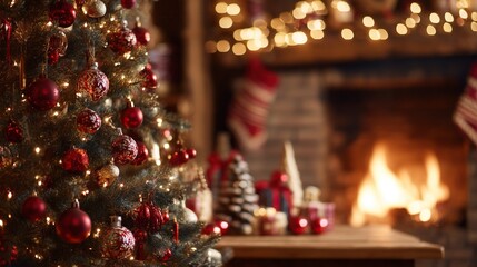 Christmas tree with red ornaments, blurred fireplace background and holiday decorations on wooden table creating festive winter celebration atmosphere.