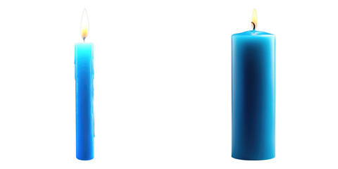Two blue candles with flames against a simple backdrop. One candle is lit and the other is not. Both stand tall and elegant.