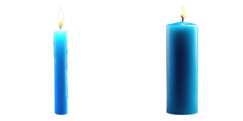 Two blue candles with flames against a simple backdrop. One candle is lit and the other is not. Both stand tall and elegant.