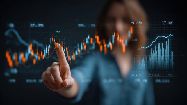 A businesswoman interacts with a digital financial chart displaying stock data, rising trends, and analytics in a futuristic interface. Investment growth, trading activity, and market performance