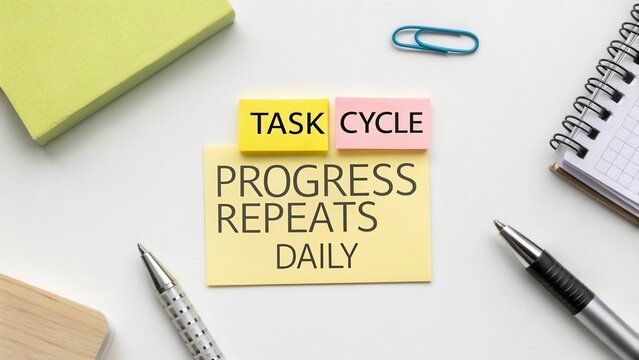 Colorful sticky notes on desk representing task cycle and daily progress repeats in office or study setting for productivity and organization