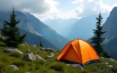 mountainous tourist camp with a tent in the foreground. High quality