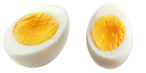 Two halves of a perfectly boiled egg with a bright yellow yolk, showcasing a delicious and nutritious breakfast item