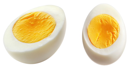 Two halves of a perfectly boiled egg with a bright yellow yolk, showcasing a delicious and nutritious breakfast item