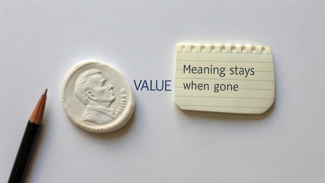 Conceptual image of value with a coin, pencil, and notepad conveying the idea that significance endures beyond physical presence