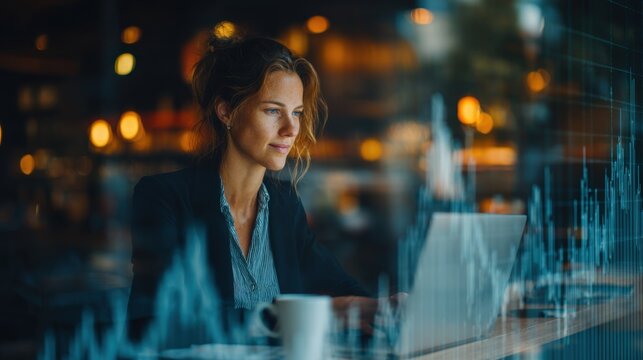 A focused investor or businesswoman works on her laptop. Finance, analytics, and strategic decision-making in the world of business and trading concepts