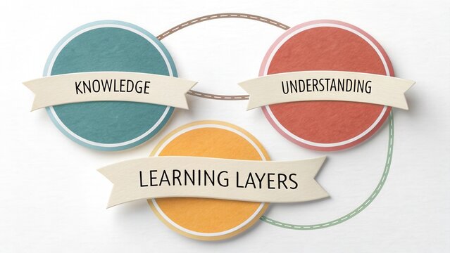 Conceptual visual representation of knowledge, understanding, and learning layers with colorful circles and labels on a light background