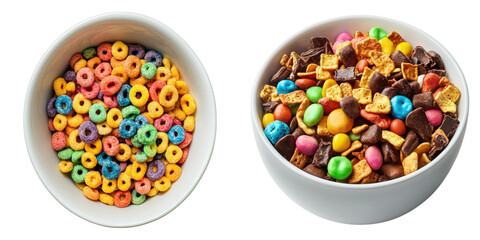 Two bowls of colorful cereals, one with rainbow loops and another with a mix of grains and candies. These breakfast cereals represent a delightful morning meal