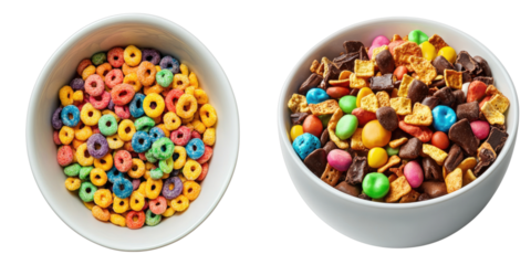 Two bowls of colorful cereals, one with rainbow loops and another with a mix of grains and candies. These breakfast cereals represent a delightful morning meal