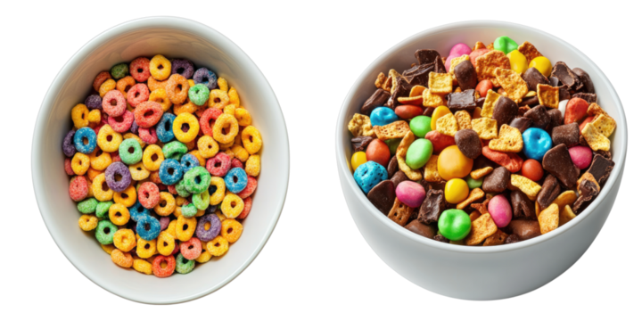 Two bowls of colorful cereals, one with rainbow loops and another with a mix of grains and candies. These breakfast cereals represent a delightful morning meal