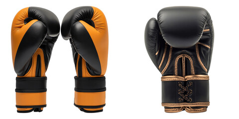 Black and orange boxing gloves, showcasing the artistry and power associated with the sport of boxing