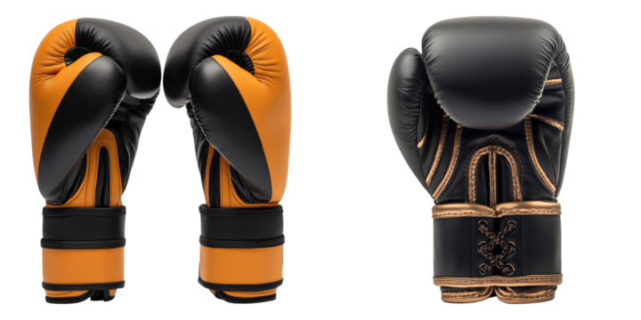 Black and orange boxing gloves, showcasing the artistry and power associated with the sport of boxing