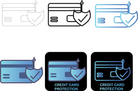 Secure credit card protection icon set with shield and checkmark, symbolizing safety and financial security