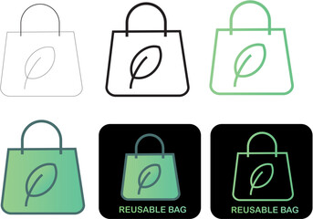 Eco-friendly reusable shopping bag icon set with a leaf symbol, featuring clean minimalist line art and green gradient styles for sustainable concepts