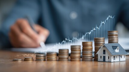 Stacks of coins rise with a miniature house, financial graph overlay. Concepts of financial planning, wealth accumulation, and smart investment in real estate and business assets