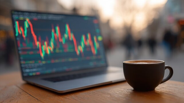 A laptop displaying a stock market chart sits on a wooden table beside a cup of coffee. Modern investing, remote financial work, and trading in a relaxed environment.