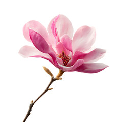 Obraz premium Closeup of beautiful pink magnolia blossom with branch on transparent background studio shot