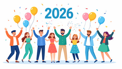 Enthusiastic group celebrates 2026 with joy and colorful balloons, perfect for New Year promotions, party invites, or cheerful event announcements, originally vector
