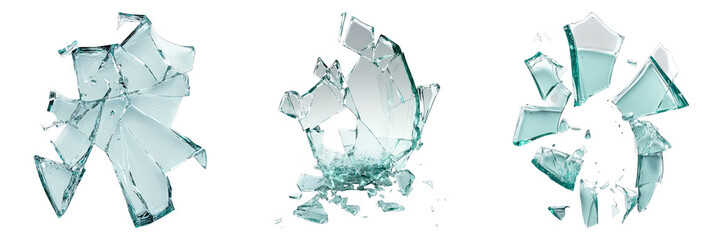 Shattered glass pieces in three different arrangements, showcasing the details of each fragment. This could symbolize destruction, fragility, or brokenness. 