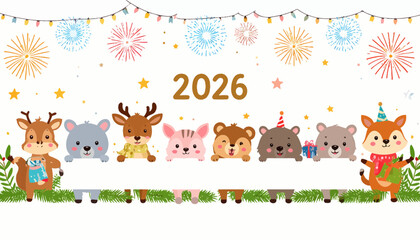Adorable cartoon animals celebrating 2026 New Year with fireworks, festive holiday season illustration full of cheer, perfect for greeting cards and party invites