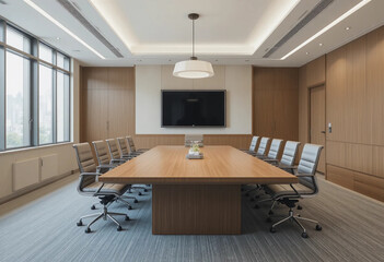 Empty conference table with chairs and pendant light in board room.
