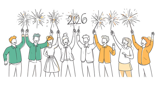 Excited group celebrates 2026 with sparklers, joy, and camaraderie, perfect for new year's, milestones, and optimistic future-focused themes. Cheers to the future!