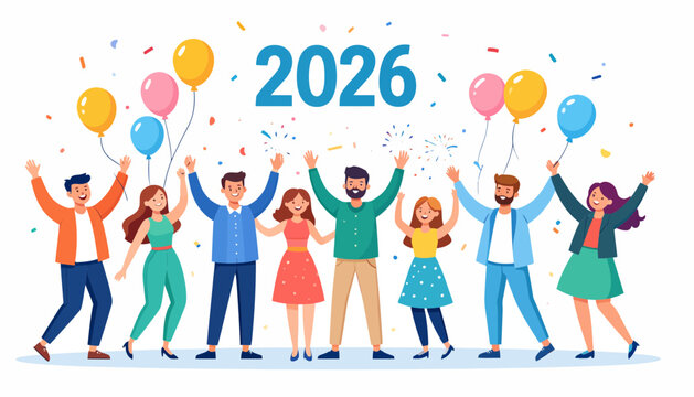 Enthusiastic group celebrates 2026 with joy and colorful balloons, perfect for New Year promotions, party invites, or cheerful event announcements, originally vector