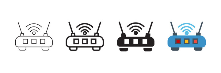 Set of minimalist wireless router icons with transparent background, depicting network devices for home and office internet connection, wifi access points, vector illustration
