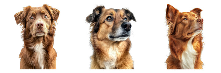 Three dogs in a row, looking different directions, showing off a variety of appearances. They exhibit unique features and expressive faces