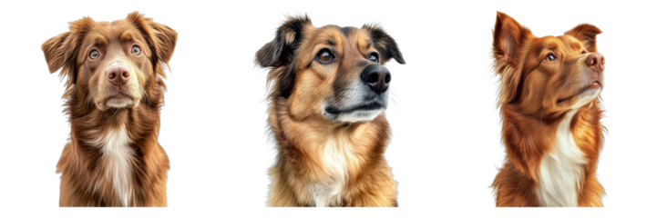Three dogs in a row, looking different directions, showing off a variety of appearances. They exhibit unique features and expressive faces