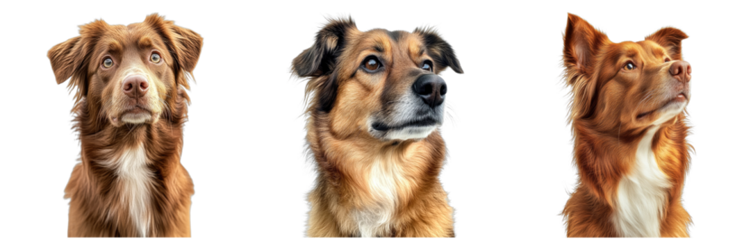 Three dogs in a row, looking different directions, showing off a variety of appearances. They exhibit unique features and expressive faces