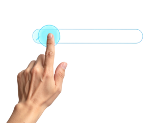 A human hand with a raised index finger presses on a transparent, digital user interface slider. The slider is a neon blue color, with a matching circle icon