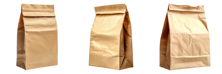 Three brown paper lunch bags in different angles, ideal for food packaging and carrying snacks