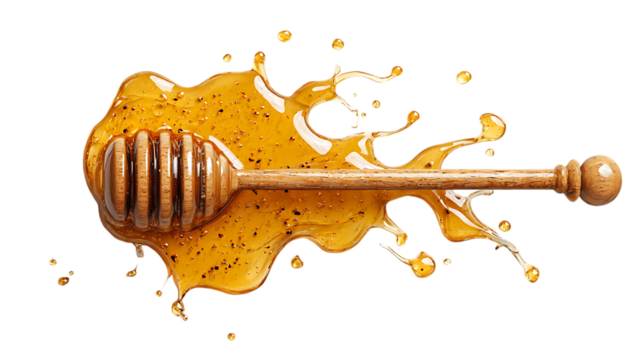 Honey splash with dipper on transparent background showing natural sweetness and dripping liquid