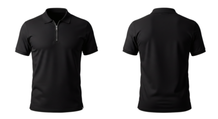 Black polo shirt men's apparel fashion casual wear short sleeve zipper front back view clothing style on transparent background