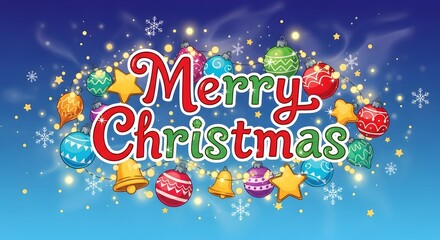 Vibrant Merry Christmas greeting banner illustration with sparkling festive ornaments, decorative baubles, shimmering stars, and celebratory holiday elements on a joyful blue background
