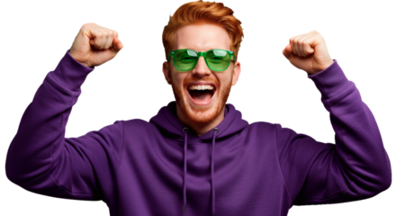 Excited man celebrating success with green glasses and purple hoodie on black background happiness and joy on transparent background